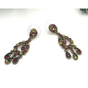 Vintage Bohemian Dangle Earrings With Multicolor Rhinestones & Antique Brass Fin